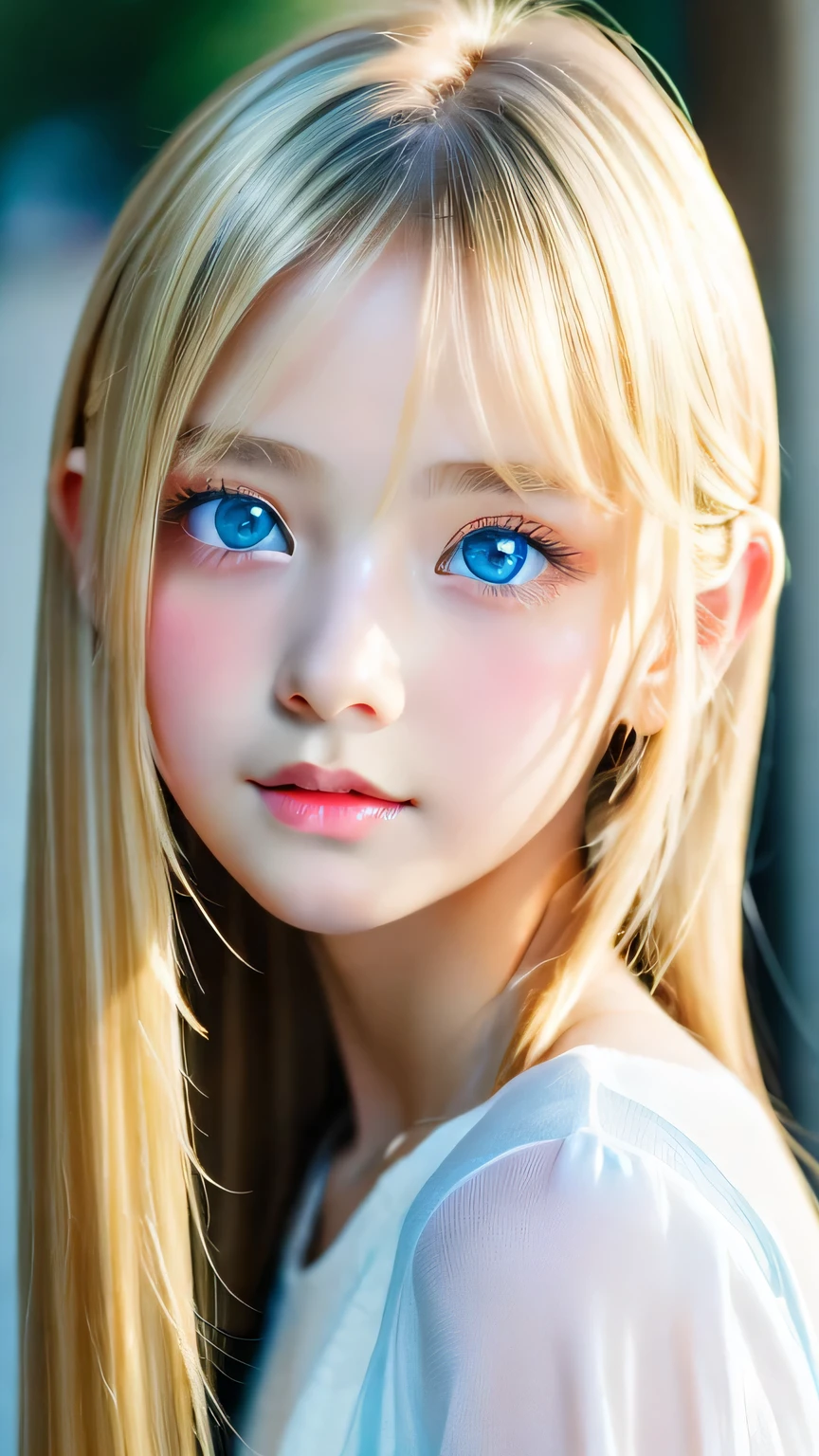 Portrait、、bright look、ponytail、bangs between eyes、bangs on the face、Young, shiny, white, glossy skin、gross face、cheek gloss highlight、best beauty、blonde reflection、Platinum blonde hair with dazzling highlights、shiny bright hair,、super long silky straight hair、Shining beautiful bangs、Attractive, beautifully shining, very bright, light blue eyes、very big eyes、Very beautiful nice cute 15 year old beautiful girl、rich 、small face beauty、