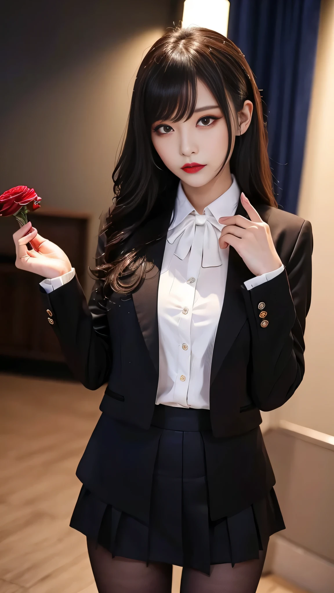 tra-detailed、Japanese、attractive beauty、seductive adult woman、pretty woman、piercing eyes、cool girl、wavy hair、swept bangs、suit、Jacket、blouse、ribbon、Tight Skirt、pantyhose、beautiful feet、Evil cadres、evil depravity、brainwash、mind control、lipstick、lip gloss、dark makeup、smirk、Evil expression、evil、hollow eyes,half-closed eyes、empty eyes、evil、night room、dark room、vampire、succubus、vampire、Swear allegiance、stand、