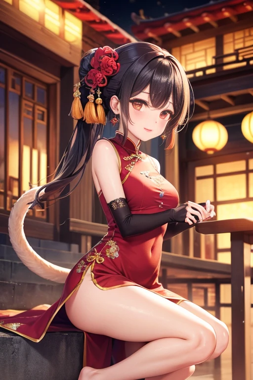 best quality,official art,Extremely detailed CG unified 8k wallpaper, (Wide-angle lens),1 girl, (Meiyu Edelfeldt),,black hair,brown eyes,seductive smile,National Science Foundation, barefoot, see through dress, Butterfly, Butterfly hair accessories, backless dress, Chinese clothes,sleeveless, twice as good,Golden dragon pattern,barefoot,full moon,Elbow gloves,bun, hair accessories,jewelry,earrings,Bead Anklet,thin legs,nail polish, medium breasts, alone, toenail polish, toe甲, toe, Double tail,outdoor,Chinese style architecture, Chinese style, lake, ancient town, Beautiful and detailed water,red lantern,fireworks,