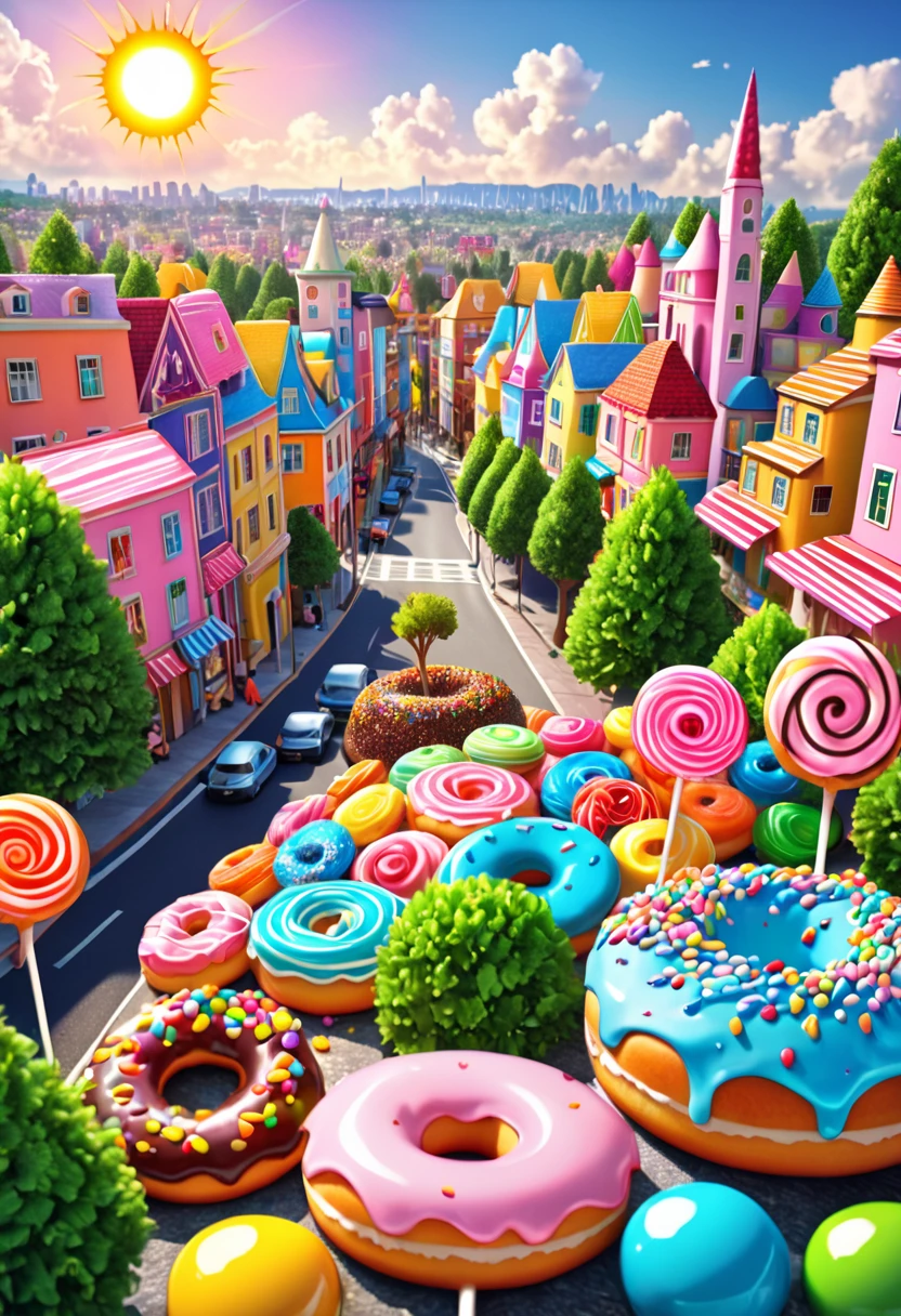 general shot: 1.5, ((city of sweet cake and candy buildings: 1.7)), (( candies, tree-shaped lollipops, donut-shaped sun, beautiful candy colors: 1.6)), ultra-realistic, photorealistic CG K : 1.4, skin texture: 1.4, masterpiece: 1.4, ((hyper detailed, epic, beautiful, creative and imaginative image: 1.6)), 32k.