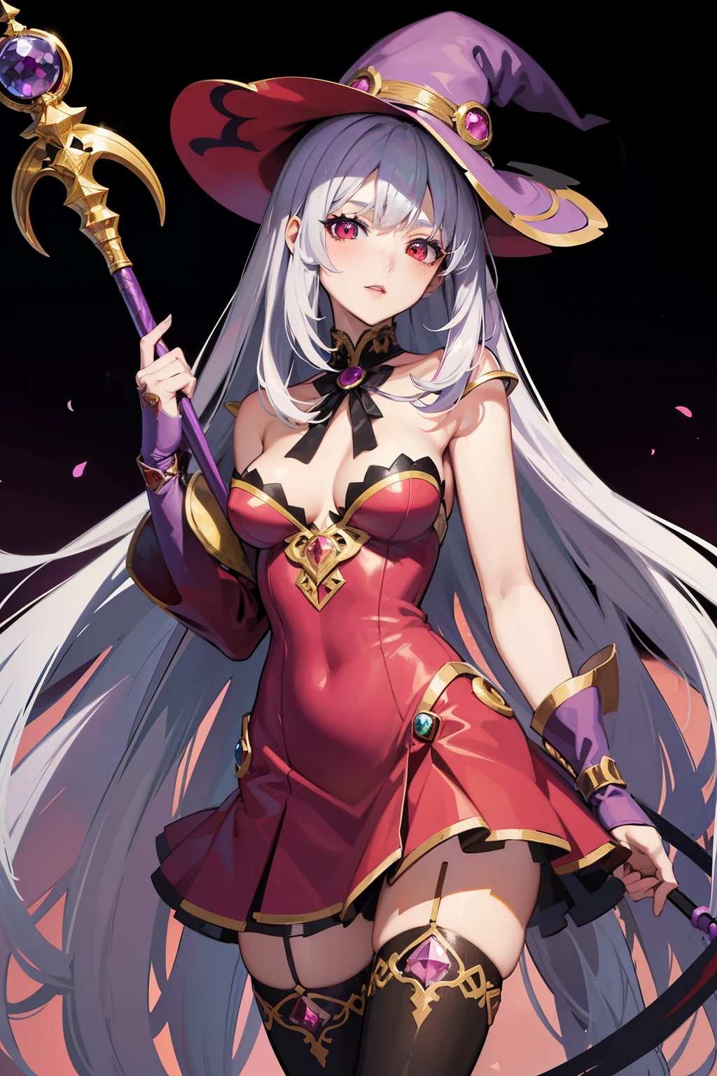 Anime style, character, cartoon, a half-naked witch woman, RPG character, legendary heroine, masterpiece, super detail, maximum digital quality, silver hair, long hair, witch hat with pink ribbon, red eyes, pink and purple dress with yellow details, lipstick, black stockings, holding a staff