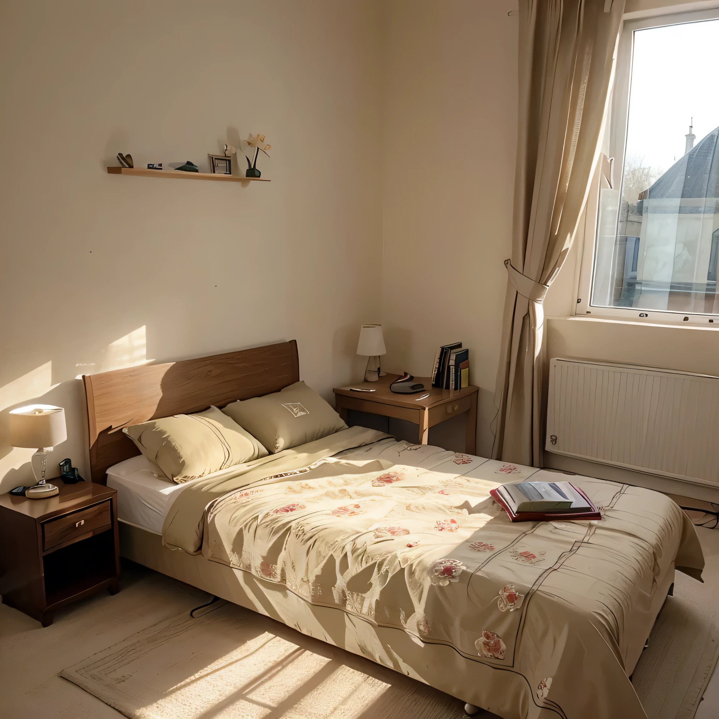 Beige room with window and clear sky with Qur'an on the bed and tulip flower on the desk