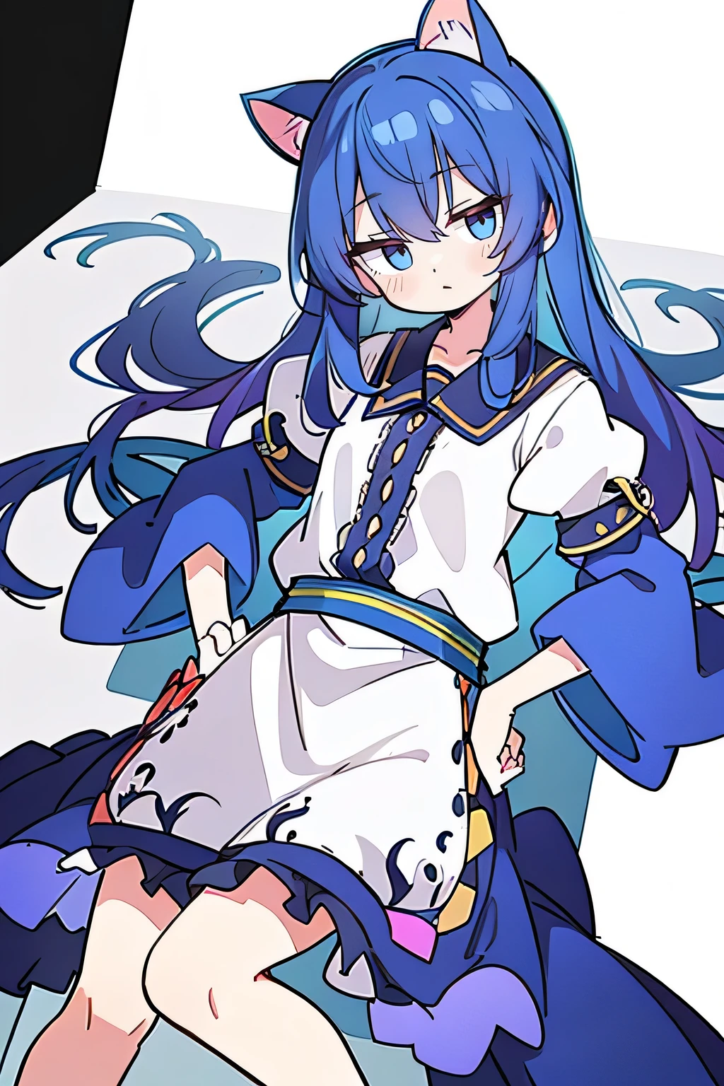 (Masterpiece), best quality, expressive eyes, perfect face, 1girl,
Put your hands on your waist, fair, gorgeous, Japanese comics, girl, Lola, young angel, blue hair, blue hair, flowing clothes, hug the waist, hug the waist, hands on hips, hands on hips, lay down , lying on the ground, legs on the ground, flat chest, cat ears