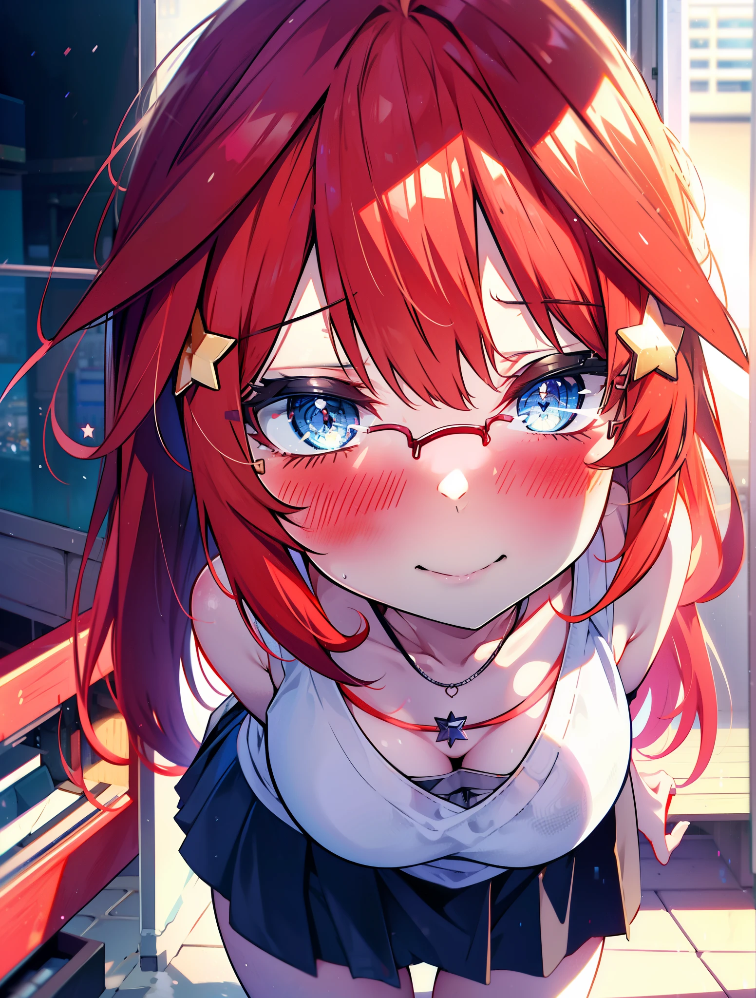 itsukinakano, itsuki nakano, bangs, blue eyes, hair between eyes, Ahoge, redhead, star \(symbol\happy smile, smile, open your mouth,embarrassing,blush, hair ornaments, star hair ornaments,Akagi glasses,red off shoulder sweater,bare shoulders,bare clavicle,naked neck,Heart Pendant Necklace,Black long skirt,Mini Boots,put your left hand on your waist,slouch,whole bodyがイラストに入るように,There are many shops,noon,Light of the sun,clear,Looking up from below,
break outdoors, station,square,
break looking at viewer,whole body (cowboy shot:1.5),
break (masterpiece:1.2), highest quality, High resolution, unity 8k wallpaper, (shape:0.8), (fine and beautiful eyes:1.6), highly detailed face, perfect lighting, Very detailed CG, (perfect hands, perfect anatomy),
