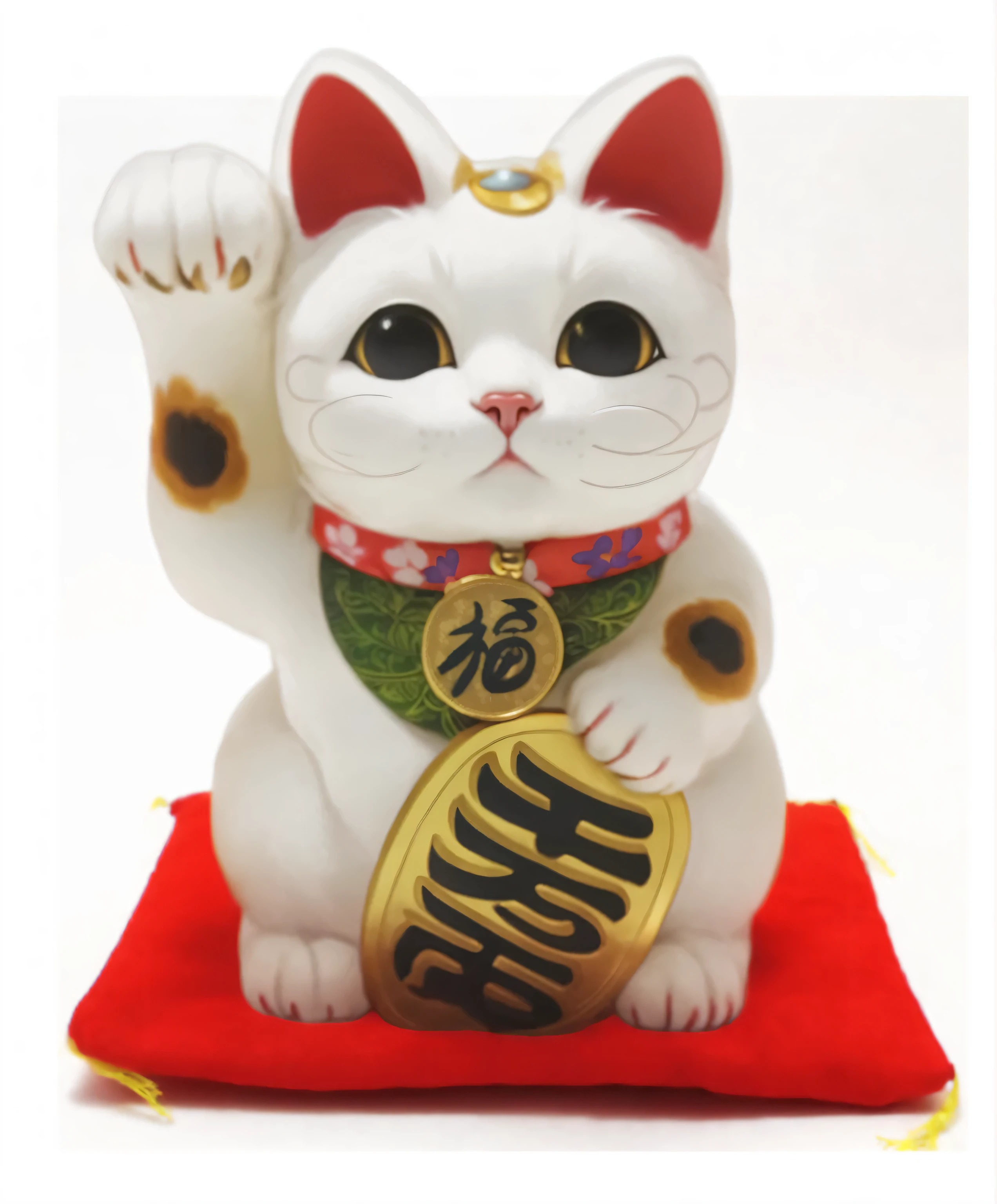 a close up of a white Cat statue on a red cushion, Ink flower, Kano Tanyou, there is nothing, white Cat, Detailed image, Written by Tianxiang Zhou, Japanese collection products, there is nothingmimi, fully robotized!! Cat, Written by Masao Maeda, japanese mascot, liquor