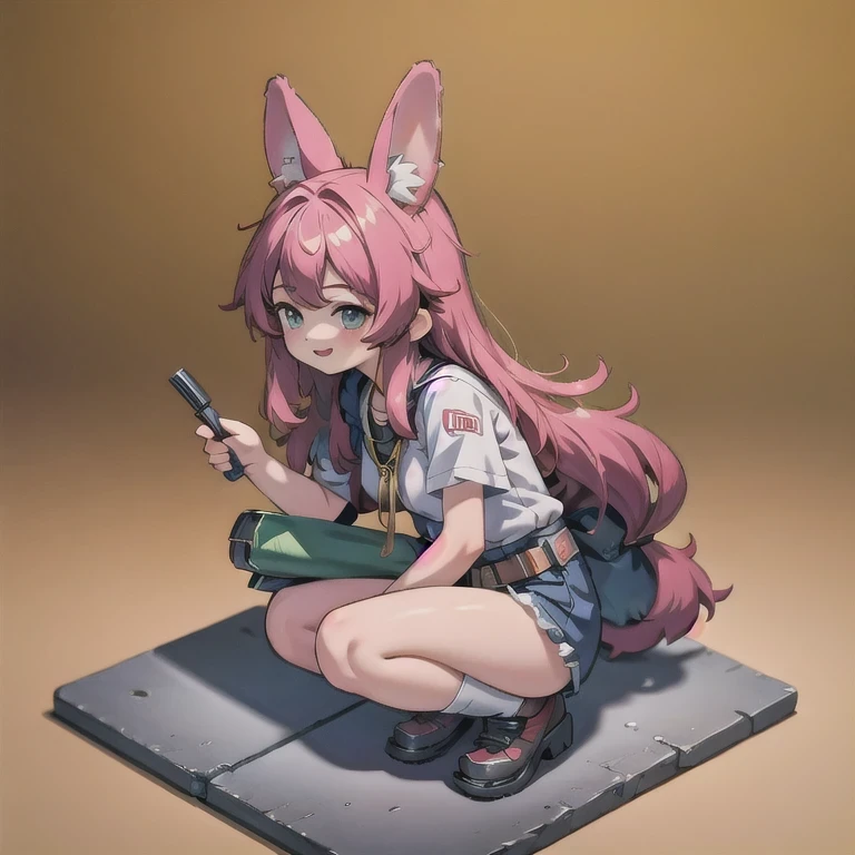 (masterpiece, best quality:1.2), 1girl, ((masterpiece, highest quality, Highest image quality, High resolution, photorealistic, Raw photo, 8K)), Retro Game, Nintendo, SEGA, Namco, Cyberpunk 1:25 miniatures,illustration,Side viewing angle,((Side viewing angle)),Wear gold wire-rimmed reflective sunglasses,Carry future weapons,very happy,Side viewing angle,whole body,three-dimensional,octane rendering,Perfect face,Collagen texture((flowing hair))((Gradient long fur rabbit ears))