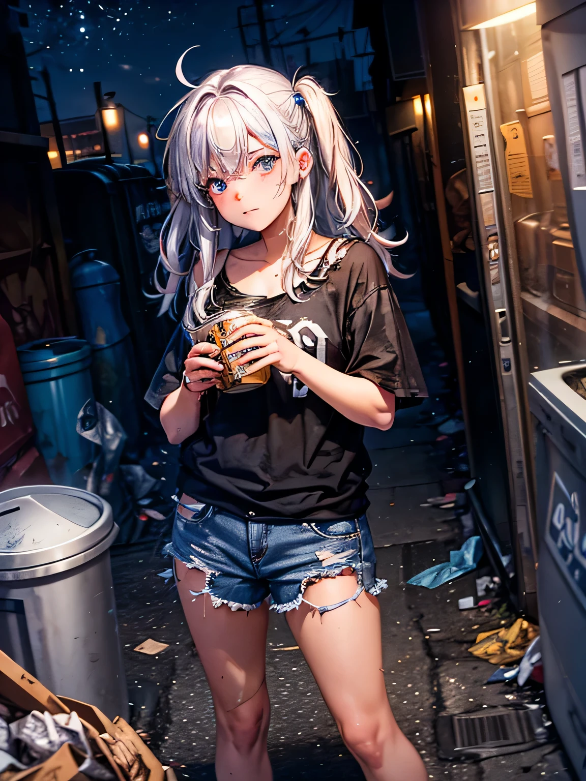 The image shows a beautiful eighteen year old girl in an empty city at night with her hands inside a trash can in an empty alley she wears old, torn clothes and looks very dirty but is very pretty her hair is messy
