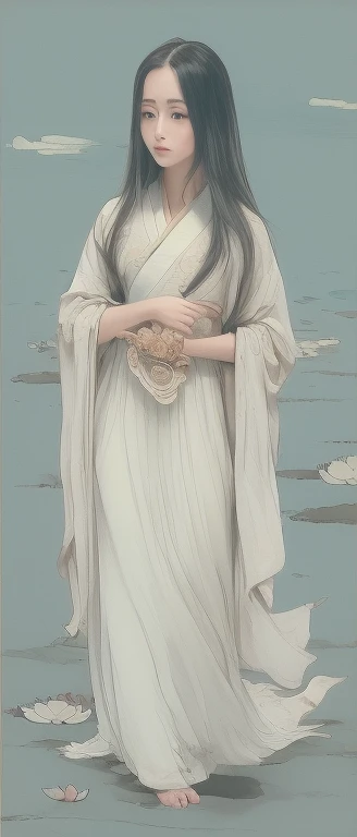 ((An illustration、4k,masterpiece,highest quality、whole body)), various poses、Shuimobisim, traditional chinese ink painting, lotus,  Hanfu, maxi kit, dress modestly, alone, blue long hair, smile, Are standing, feet in the water, barefoot,Background of white lotus flowers and light blue lotus leaves、
 