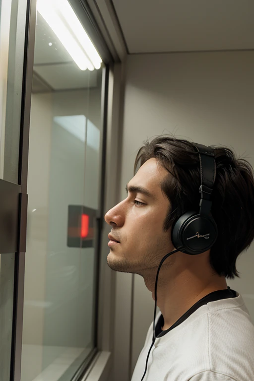 a anime vibe man with headphones looking out a window