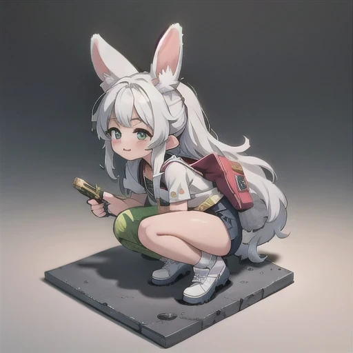 (masterpiece, best quality:1.2), 1girl, ((masterpiece, highest quality, Highest image quality, High resolution, photorealistic, Raw photo, 8K)), Retro Game, Nintendo, SEGA, Namco, Cyberpunk 1:25 miniatures,illustration,Side viewing angle,((Side viewing angle)),Wear gold wire-rimmed reflective sunglasses,Carry future weapons,very happy,Side viewing angle,whole body,three-dimensional,octane rendering,Perfect face,Collagen texture((flowing hair))((Gradient long fur rabbit ears))