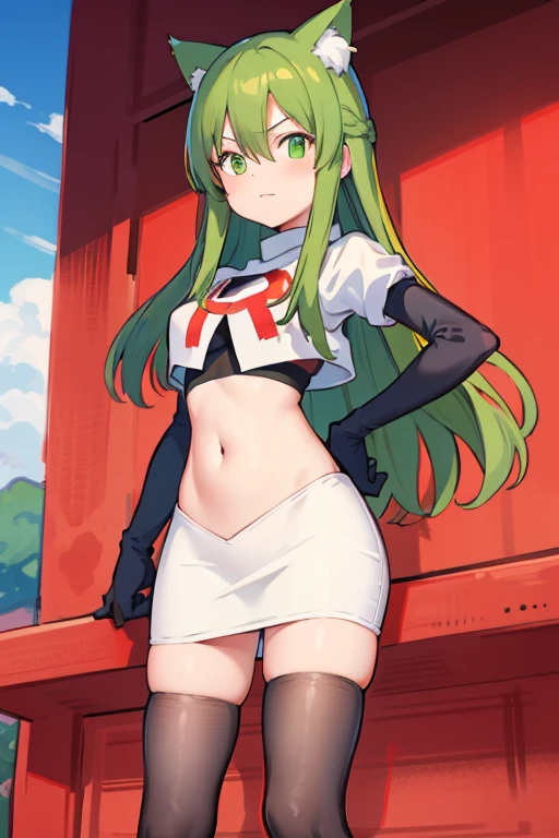 masterpiece, best quality, Izumi\(digimon\),hair over one eye, green eyes,green hair, long hair, 1girl, solo, team rocket,team rocket uniform, red letter R, white skirt,white crop top,black thigh-highs,black elbow gloves, cat hat