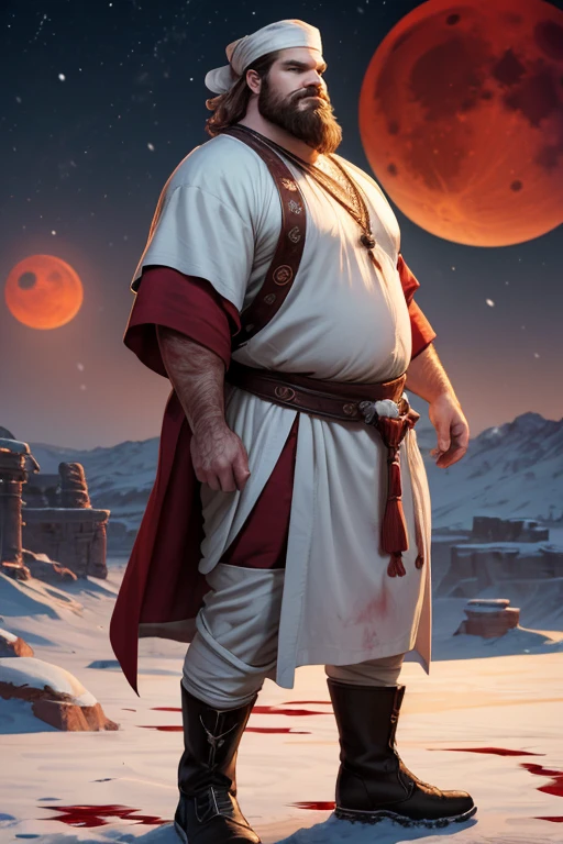 David Harbour, very detailed image, master piece, epic composition, perfect fingers, perfect hands, handsome, snow, right anatomy, chubby, 4k, perfect feets, perfect legs, (very short messy hair), ancient red desert, ancient desert clothes tunic beduin, ((big full beard)), (full white clothes), (black tunic), ( white mage), (white boots), (((night with blood moon))), (((big and large ass)))