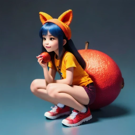 Fruit Girl，45 degrees，Mini Equidistant, Squat，Cheerful，very happy, 1girl,alternate costume,animal ears,bare legs,black hair,blue shorts,blurry,blurry background,blurry foreground,brown eyes,denim,denim shorts,depth of field,full body,gradient,hand on own knee,hat,lips,long hair,looking at viewer,multicolored hair,nose,open mouth,orange background,outdoors,photo \(medium\),realistic,red footwear,shadow,shirt,shoelaces,shoes,short sleeves,shorts,signature,smile,sneakers,solo,squatting,straw hat,t-shirt,tail,v,white shirt