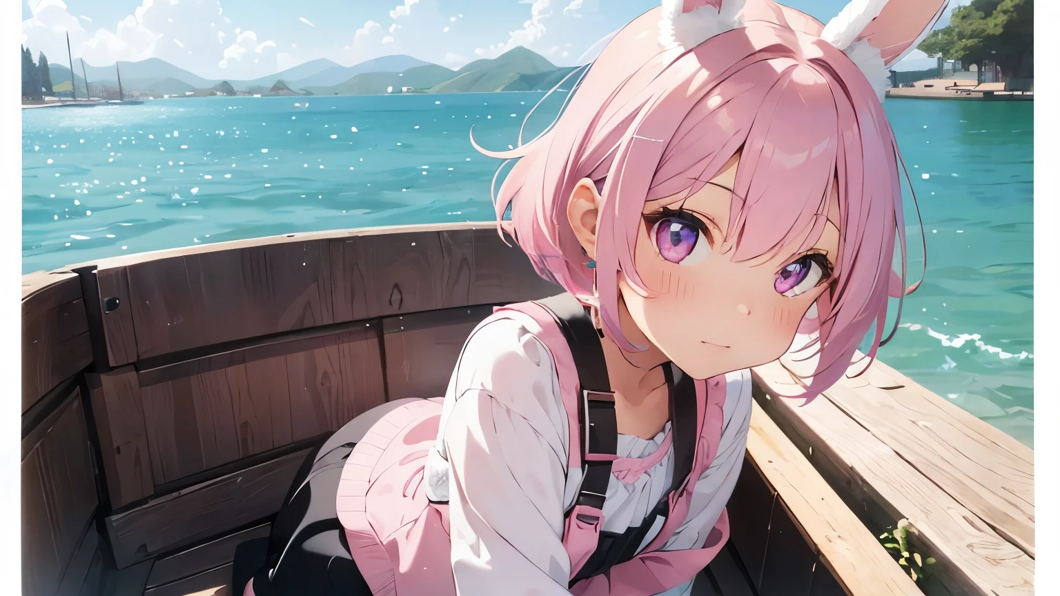 highest quality, pretty girl, pastel colour, fluffy rabbit ears, pink short bob,light pink eyes,boat,lake