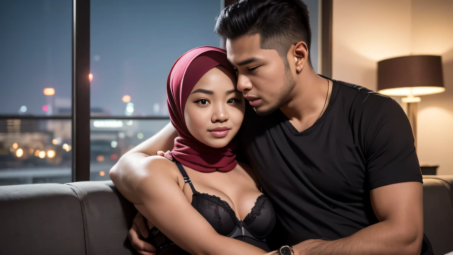 1 matured malay men 30 years old hugging 2 young malay girl in hijab wearing bra, 20 - 23 years old, malay men hand on girl shoulder, nighttime, beautiful girl with beautiful perfect body, location: couch in hotel, professional photography, bright lighting, 28mm lens, Establishing shot, deep focus cinematography effect, Natural Lighting, pastel color grading, high quality, ultra detail, 8k resolution,