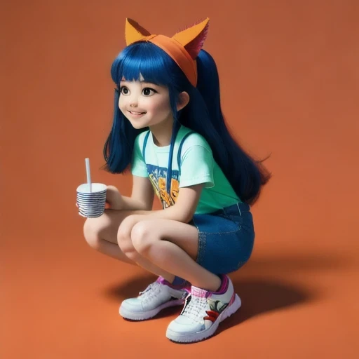 Fruit Girl，45 degrees，Mini Equidistant, Squat，Cheerful，very happy, 1girl,alternate costume,animal ears,bare legs,black hair,blue shorts,blurry,blurry background,blurry foreground,brown eyes,denim,denim shorts,depth of field,full body,gradient,hand on own knee,hat,lips,long hair,looking at viewer,multicolored hair,nose,open mouth,orange background,outdoors,photo \(medium\),realistic,red footwear,shadow,shirt,shoelaces,shoes,short sleeves,shorts,signature,smile,sneakers,solo,squatting,straw hat,t-shirt,tail,v,white shirt