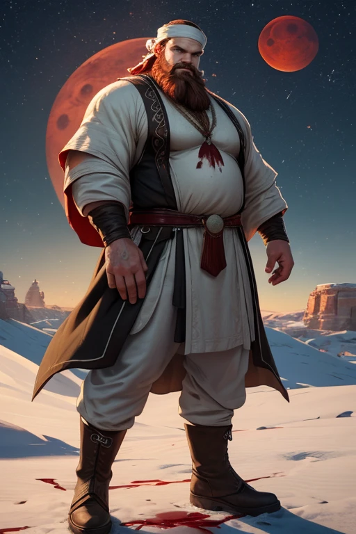 David Harbour, very detailed image, master piece, epic composition, perfect fingers, perfect hands, handsome, snow, right anatomy, chubby, 4k, perfect feets, perfect legs, (very short messy hair), ancient red desert, ancient desert clothes tunic beduin, ((big full beard)), (full white clothes), (black tunic), ( white mage), (white boots), (((night with blood moon))), ((big and large ass))
