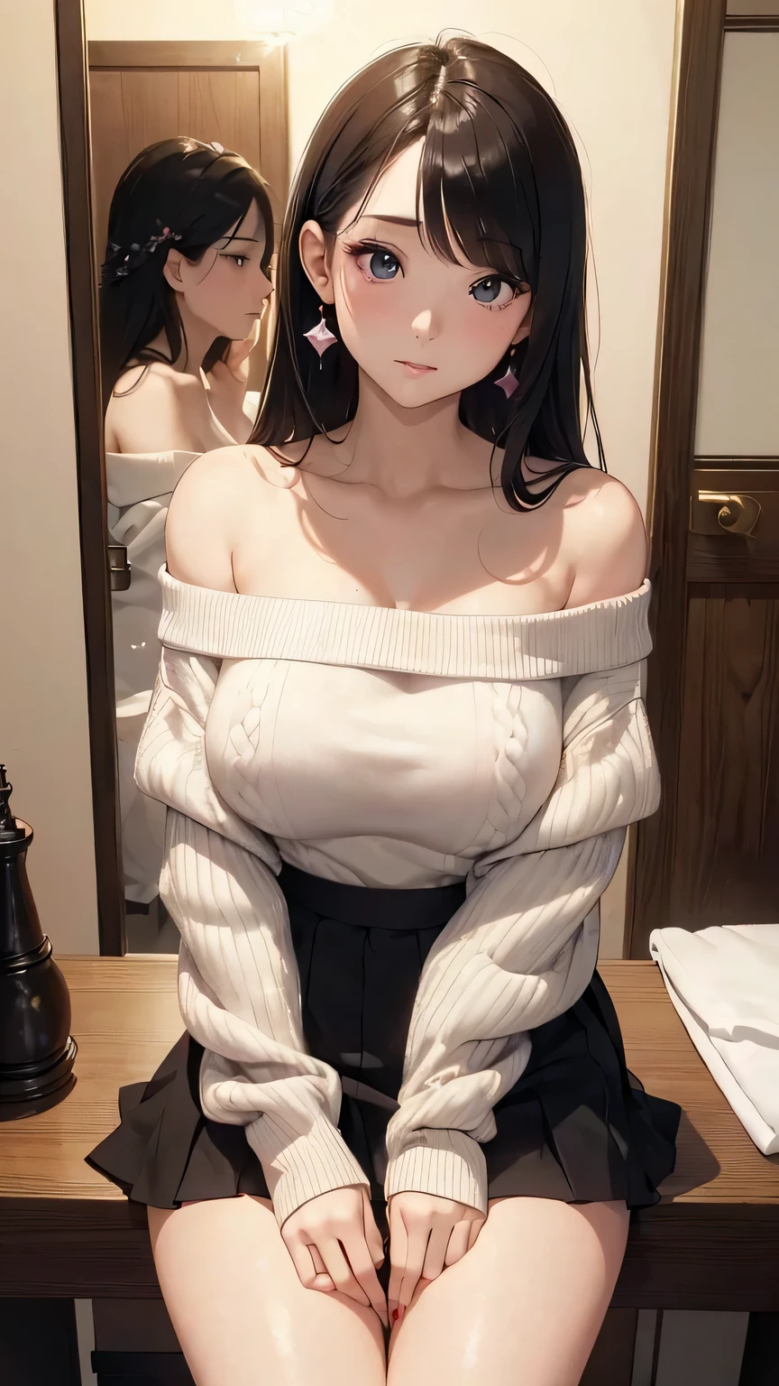 "Cute woman with long straight black hair, bangs, wearing an off-shoulder grey oversized sweater. She is sitting on a bed, her enchanting eyes and parted lips display a seductive and alluring expression, enhanced by a deep blush. She is a childhood friend who has undergone a stunning transformation."
