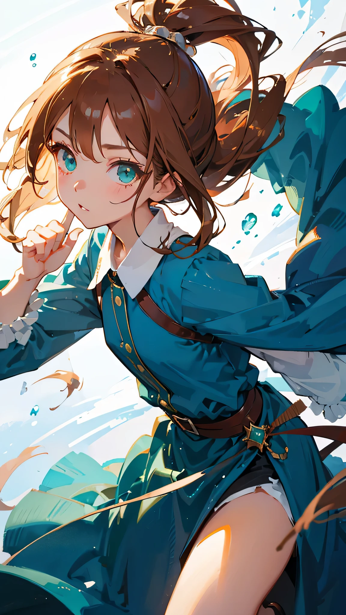 highest quality、realistic、girl、zoom、look up、cute、emerald eyes、chestnut hair、ponytail、long hair、blue dress、face close up、slender