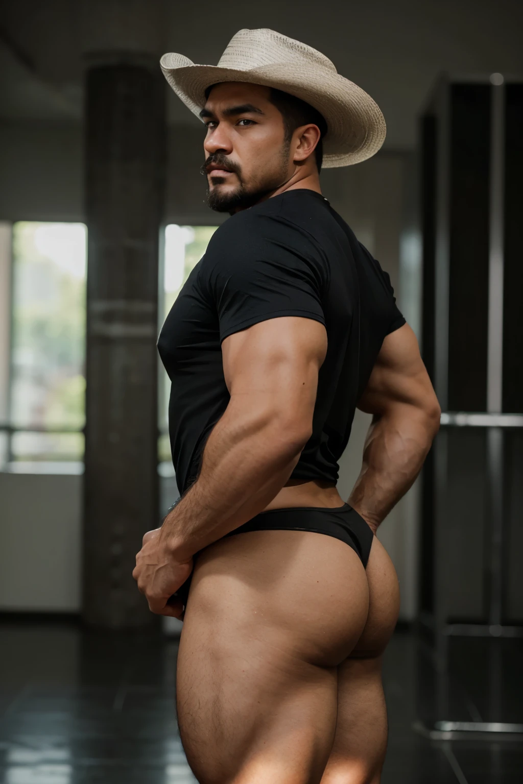 hulk photography, light cinematic heavyweight bodybuilder, 75 kg of complete muscle, Bigote grueso y trozo chino barbudo, hombres muy guapo. perfect body proportion,, hypermuscular nalgon, realista, cowboy with hat, black shirt, silver shorts, backside, touching the butt