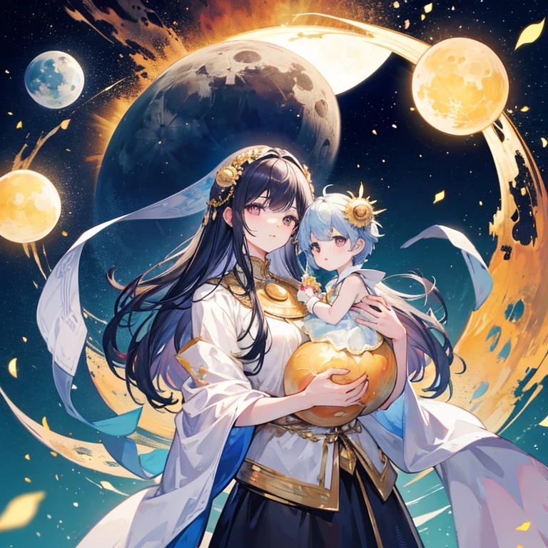 Family photo of the son of the Sun holding a small Sun-like orb, with the daughter of the moon holding a Moon-like orb, and they are both holding their baby resembling Earth whom is also holding a very small Earth-like orb.