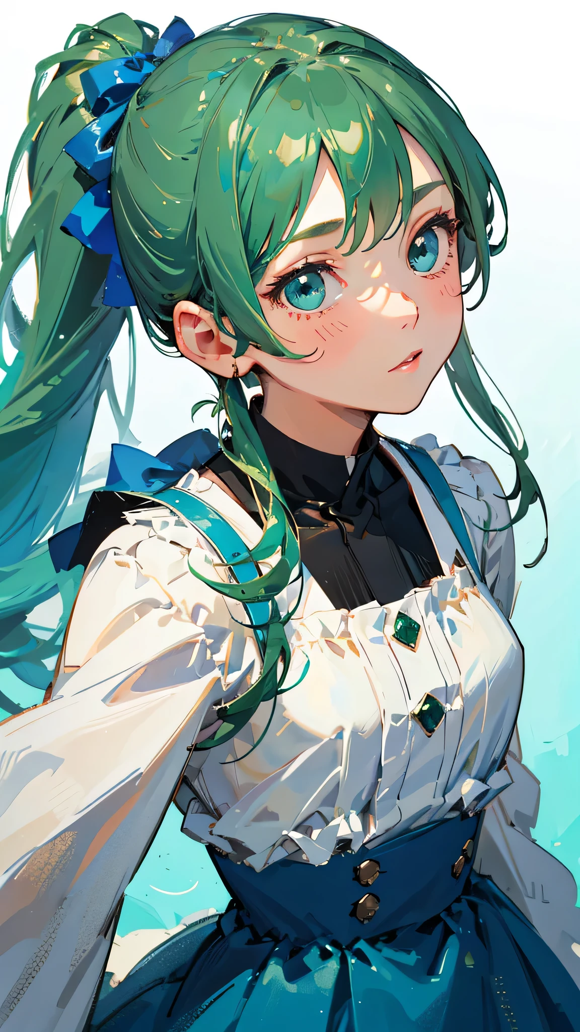 highest quality、realistic、girl、zoom、look up、cute、emerald eyes、chestnut hair、ponytail、long hair、blue dress、face close up、slender
