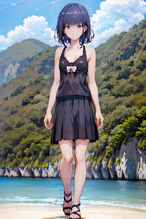 (best quality:1.4), highres, 1girl, black hair, black eyes, small breasts, black bra, knee-length skirt, detailed face, sandals, bare legs, beach, walking