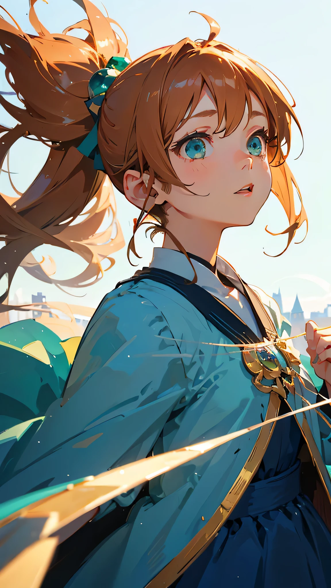 highest quality、realistic、girl、zoom、look up、cute、emerald eyes、chestnut hair、ponytail、long hair、blue dress、face close up、slender