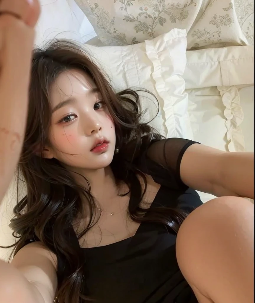 arafed asian woman lying on a bed with a black and white checkered wall with yellowish green eyes, korean girl, jennie pink black, ulzzang, beautiful Asian girl, young Asian girl, Beautiful young Korean woman, beautiful south korean woman, Instagram Template, Asian girl, asian features, Beautiful young Korean woman, pale korean adorable face, young and adorable korean face