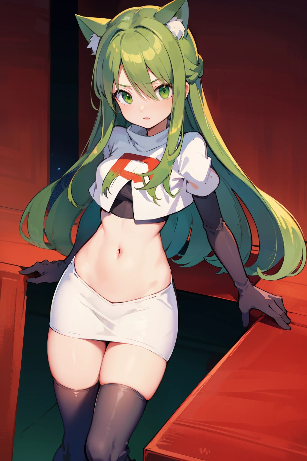 masterpiece, best quality, Izumi\(digimon\),hair over one eye, green eyes,green hair, long hair, 1girl, solo, team rocket,team rocket uniform, red letter R, white skirt,white crop top,black thigh-highs,black elbow gloves, cat hat