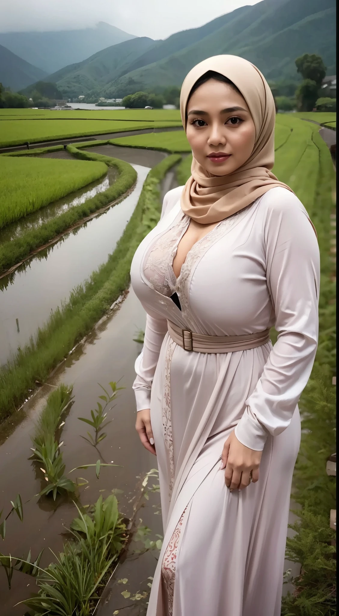 (best quality,realistic,highres:1.2),woman with hijab lying on muddy paddy rice field,wet body soaked,wearing bra and mini skirt,(big breast:1.5),showing pubic hairs wet,wet and dirty hijab,mesmerizing eyes,sincere smile,peaceful atmosphere,green and golden-tinged color palette,soft sunlight illuminating the scene,vibrant green paddy rice,reflective water puddles around the woman,cloudy sky in the background,muddy texture on the ground,detailed expression of the woman's face and body,subtle wind blowing on the hijab and skirt,graceful pose of the woman,calmness and tranquility in her gaze,harmony with nature,majestic presence of the woman amidst the rural landscape,subtle hint of the woman's confident personality,serene and inviting ambiance.