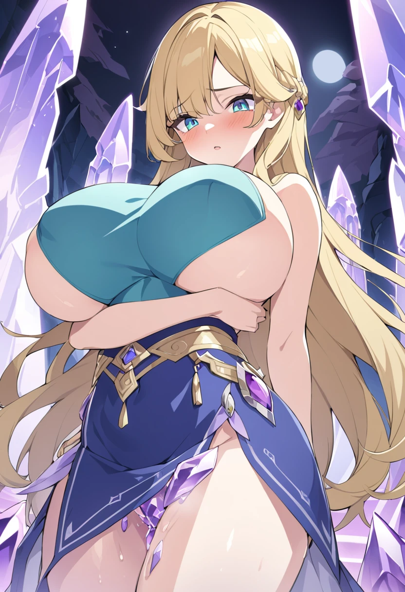 Esmeralda, 18 years old, long blonde hair, blue eyes, huge breasts, taking off her blue dress to be forced naked with purple crystal parts all over her body in the crystal temple with moonlight.hentai