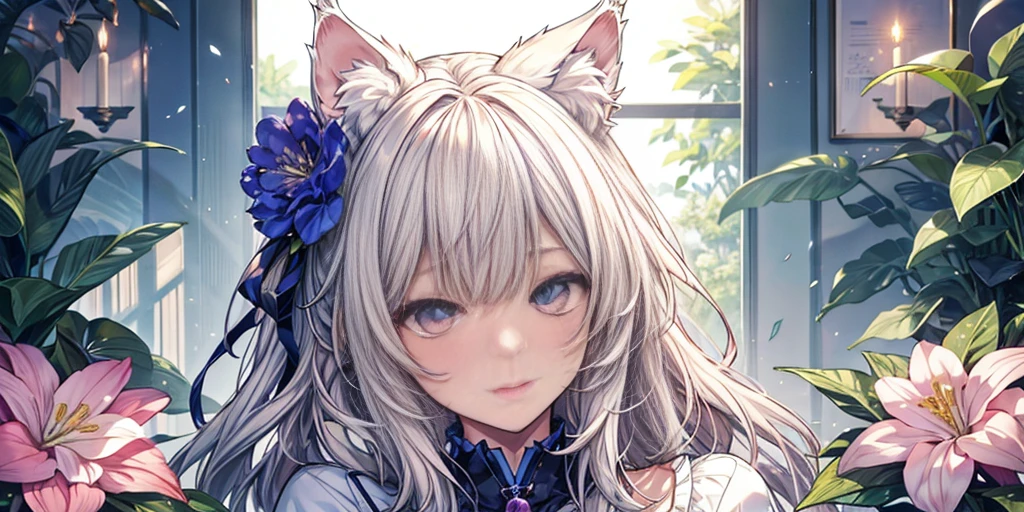 ベッドに横たわるbeautiful女性, Cat ear, sexy, masterpiece, lots of flowers, beautiful,