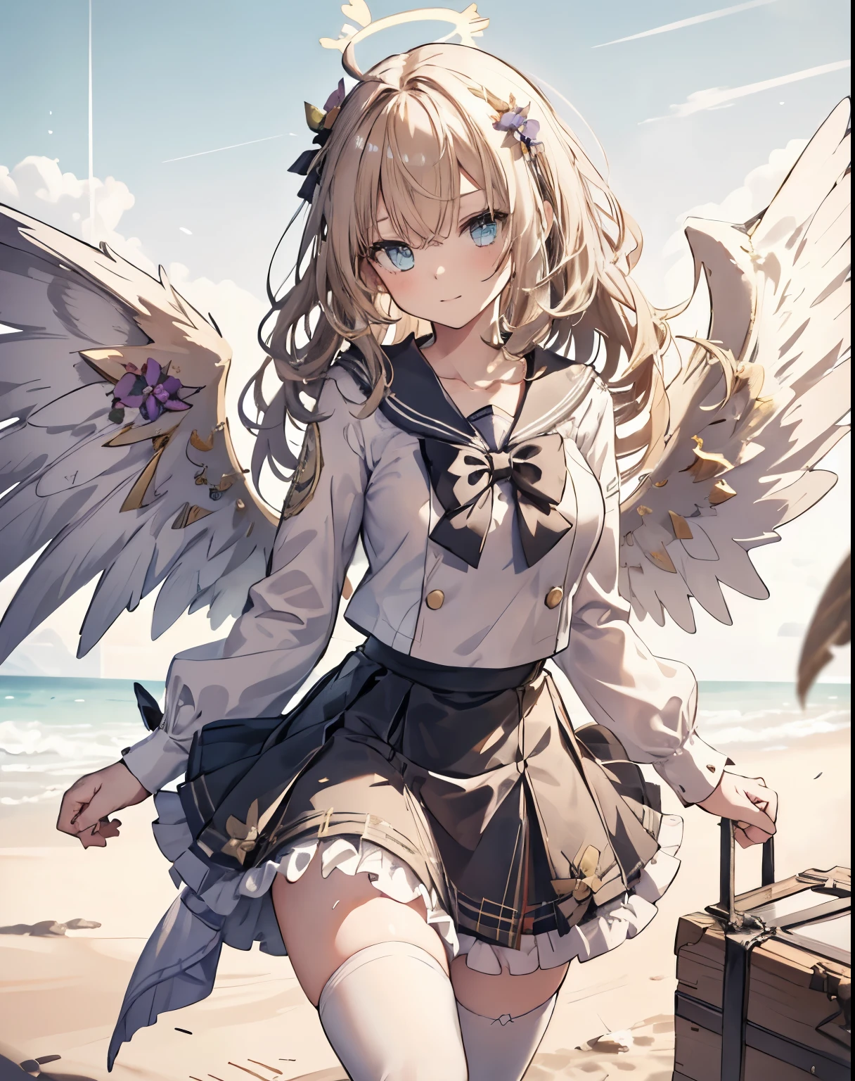 masterpiece, 1girl, sparrow, a blonde haired girl, wearing a sailor clothes, curly long hair, messy hair, slim body, he close her left eye, shirt ornament, aqua eyes, ahoge, baby face, huge breast, beautiful breasts, rounded breasts, long sleeves, beautiful eyes, white stocking, droopy eyes, skirt, black skirt, plaid skirt, her age is 19 years old, beach, bowtie, sailor collar, flared skirt, tight shirt, skirt, azusadress, wings, seductive smile, halo