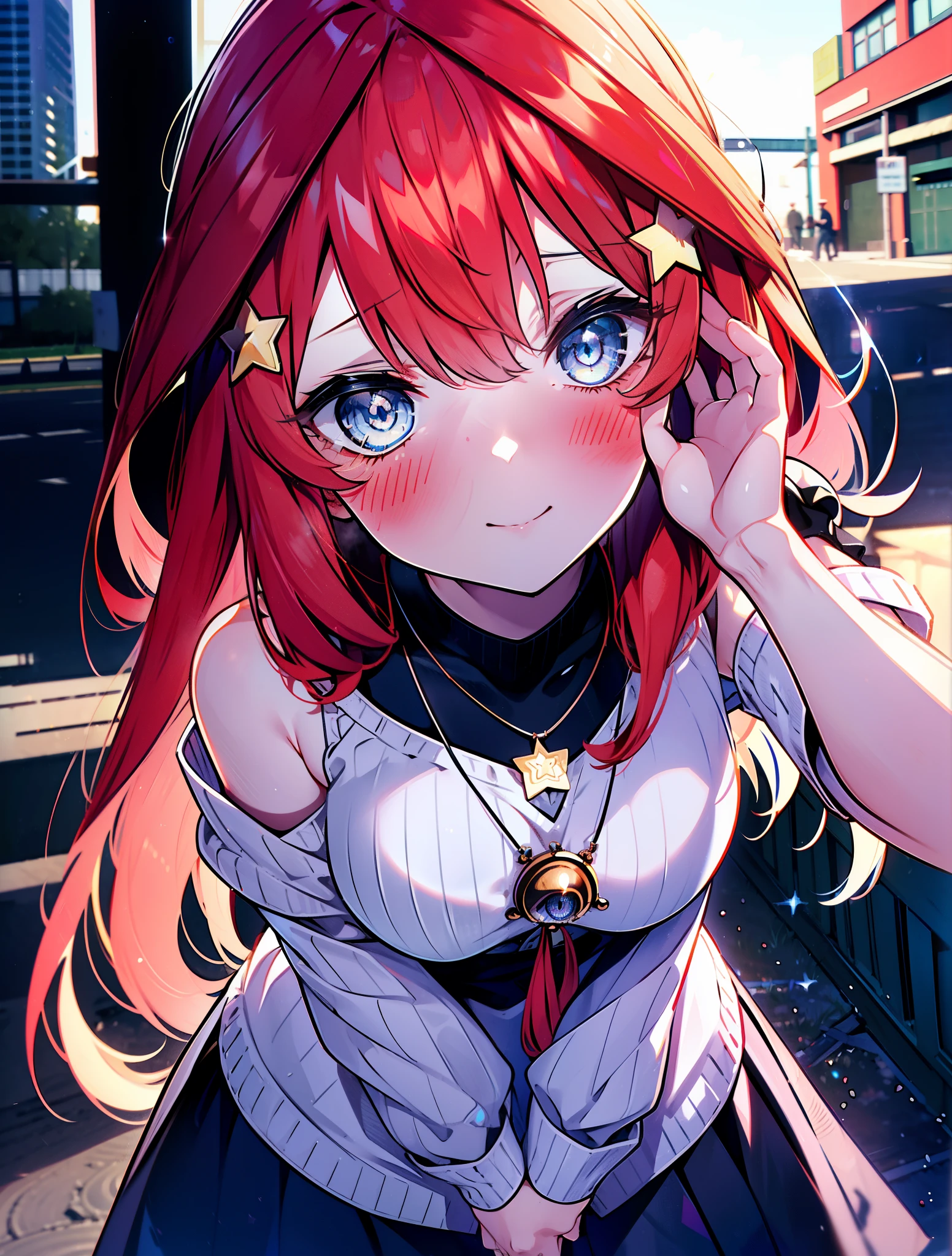 itsukinakano, itsuki nakano, bangs, blue eyes, hair between eyes, Ahoge, redhead, star \(symbol\happy smile, smile, open your mouth,embarrassing,blush, hair ornaments, star hair ornaments,Akagi glasses,red off shoulder sweater,bare shoulders,bare clavicle,naked neck,Heart Pendant Necklace,Black long skirt,Mini Boots,put your left hand on your waist,slouch,whole bodyがイラストに入るように,There are many shops,noon,Light of the sun,clear,Looking up from below,
break outdoors, station,square,
break looking at viewer,whole body (cowboy shot:1.5),
break (masterpiece:1.2), highest quality, High resolution, unity 8k wallpaper, (shape:0.8), (fine and beautiful eyes:1.6), highly detailed face, perfect lighting, Very detailed CG, (perfect hands, perfect anatomy),