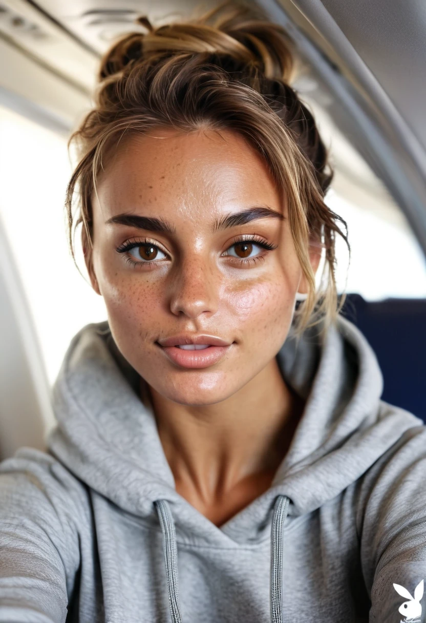 Supermodel, Brazilian, tanned, brown eyes, taking a selfie, dark blonde hair in messy bun , sitting on a plane , beautiful , natural beauty, no makeup, model, 4K, realistic, natural, textured skin, freckles on nose, wearing a grey hooded sweatshirt.