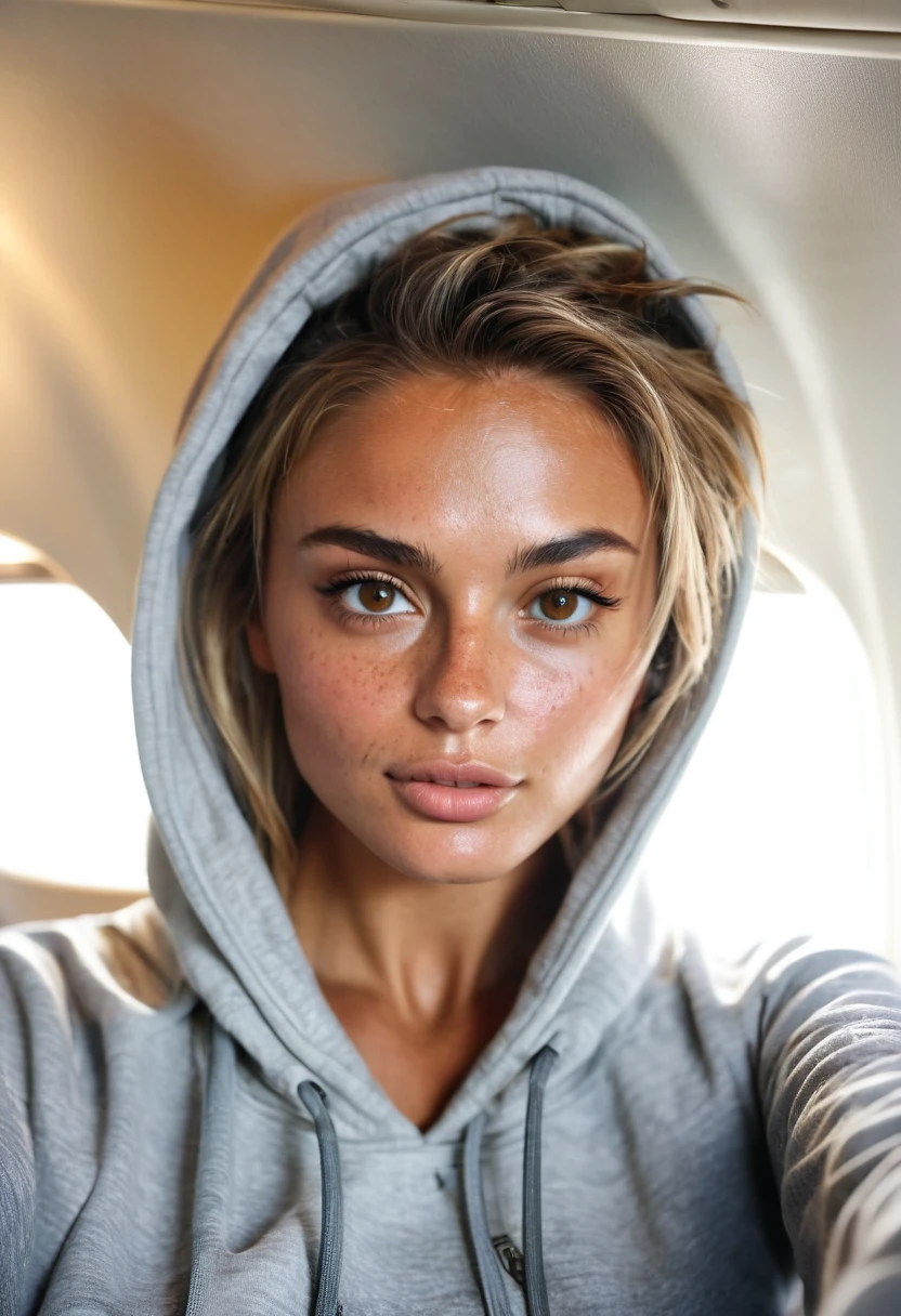 Supermodel, Brazilian, tanned, brown eyes, taking a selfie,  dark blonde hair in messy bun , sitting on a plane , beautiful , natural beauty, no makeup, model, 4K, realistic, natural, textured skin, freckles on nose, wearing a grey hooded sweatshirt.