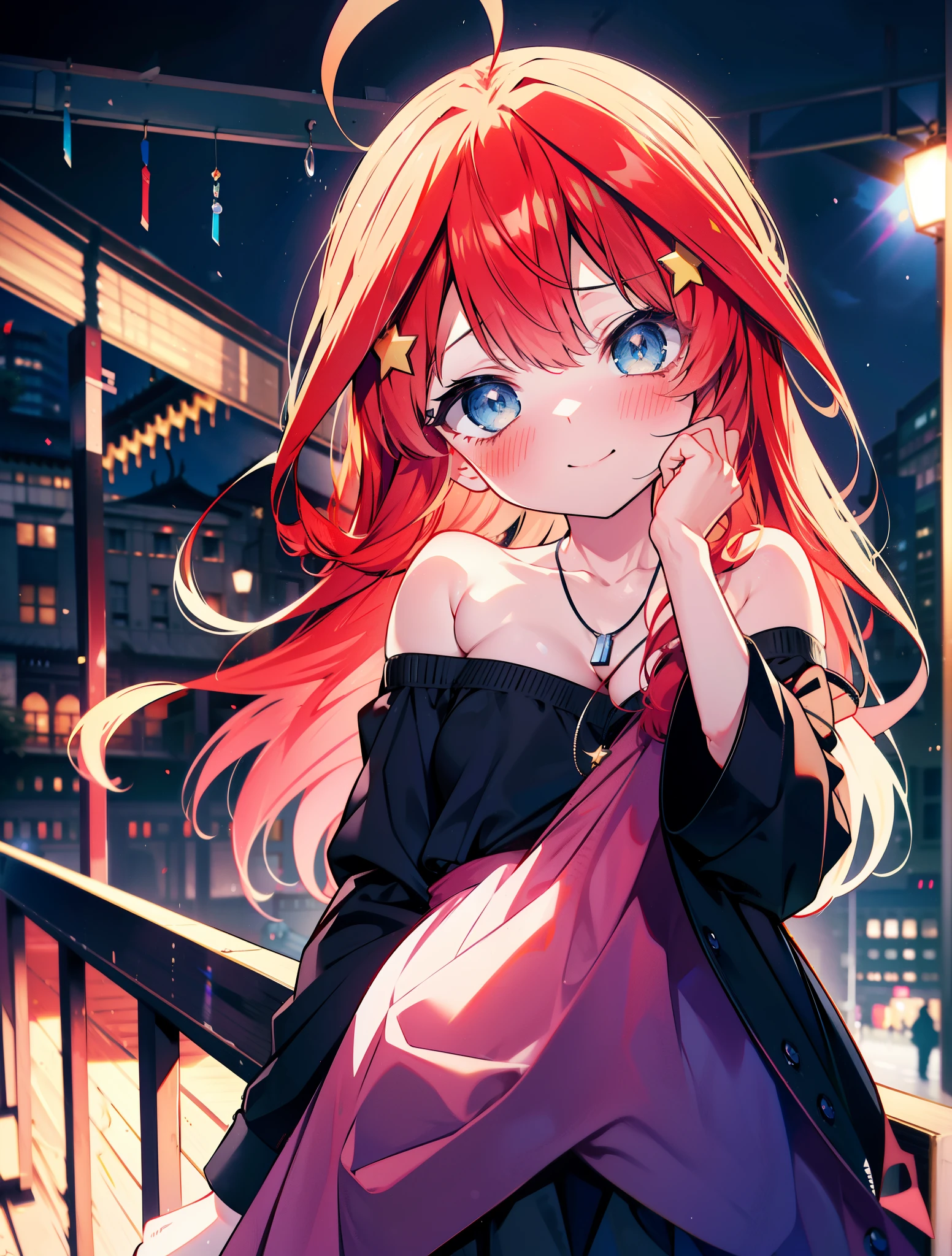 itsukinakano, itsuki nakano, bangs, blue eyes, hair between eyes, Ahoge, redhead, star \(symbol\happy smile, smile, open your mouth,embarrassing,blush, hair ornaments, star hair ornaments,Akagi glasses,red off shoulder sweater,bare shoulders,bare clavicle,naked neck,Heart Pendant Necklace,Black long skirt,Mini Boots,put your left hand on your waist,slouch,whole bodyがイラストに入るように,There are many shops,noon,Light of the sun,clear,Looking up from below,
break outdoors, station,square,
break looking at viewer,whole body (cowboy shot:1.5),
break (masterpiece:1.2), highest quality, High resolution, unity 8k wallpaper, (shape:0.8), (fine and beautiful eyes:1.6), highly detailed face, perfect lighting, Very detailed CG, (perfect hands, perfect anatomy),