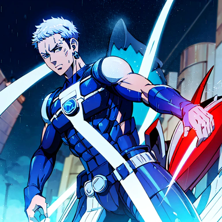 A anime boy with powers of ice.he is wearing a blue and black colour superhero costume and has black hair with a white shark teeth symbol on its chest without a cape and two red gloves with two red boots and wears a white wolf mask in the background is a mumbai city. Masterpiece, 4k quality