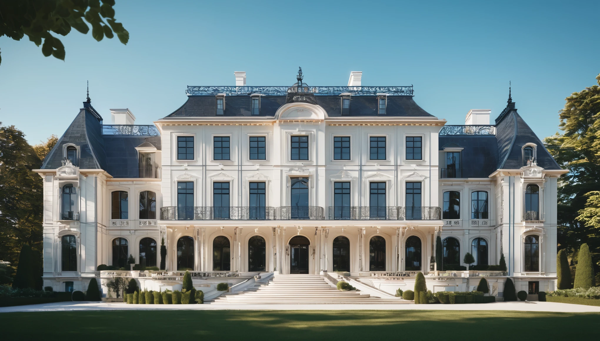 Combining contrasting realistic and wireframe images of a lavish mansion