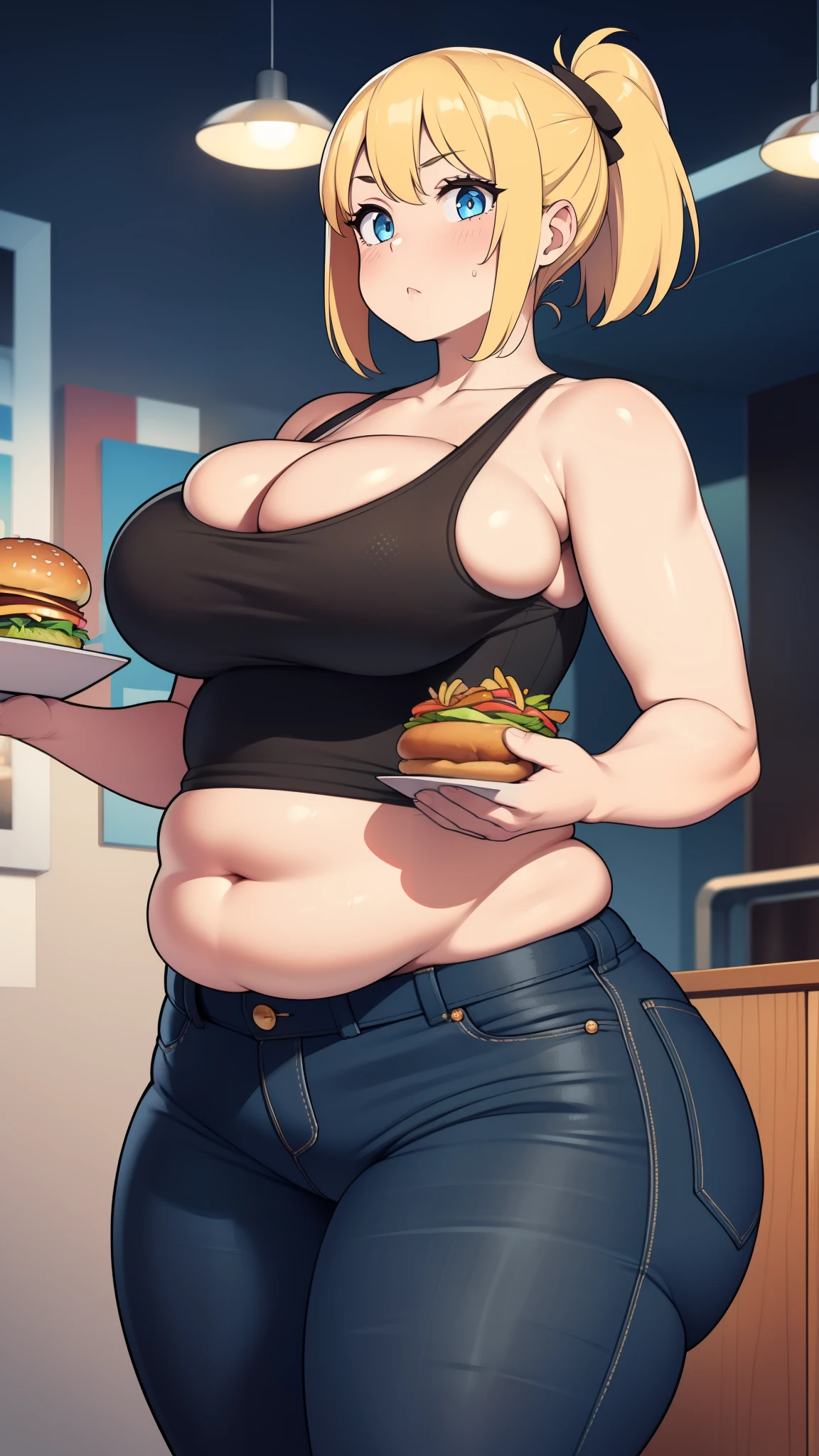 ((Masterpiece)), perfect anatomy, perfect shading, field of depth, (best quality), extremely delicate and beautiful, perfect lighting, detailed face, ultra cute face, cute, ((1girl)), ((solo))

short fluffy blonde hair, ponytail, blue eyes, ((blush)), nervous, looking at viewer, tank top, jeans, cleavage, large breasts, ((thick thighs)), (wide hips), chubby,

intricate background, detailed background, fast food restaurant,
