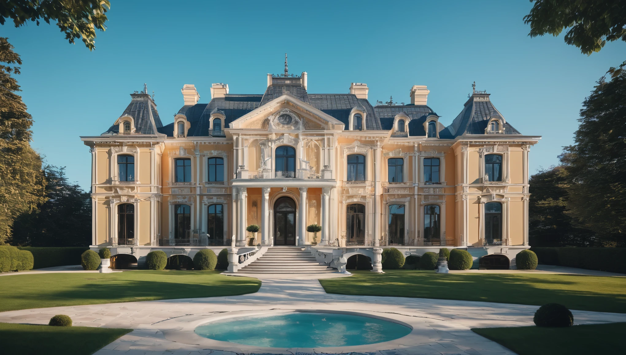 Combining contrasting realistic and wireframe images of a lavish mansion