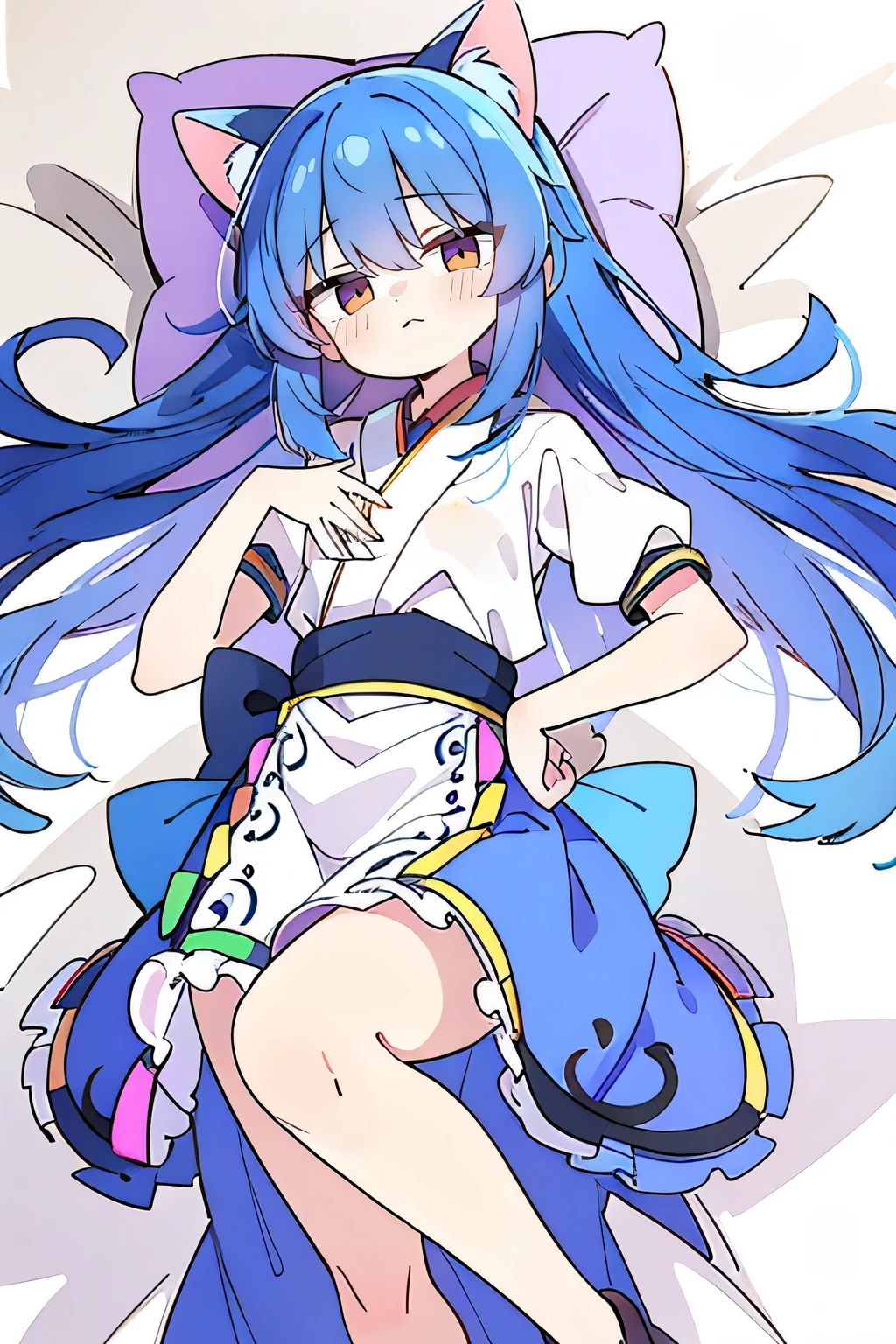 (Masterpiece), best quality, expressive eyes, perfect face, 1girl,
Put your hands on your waist, fair, gorgeous, Japanese comics, girl, Lola, young angel, blue hair, blue hair, flowing clothes, hug the waist, hug the waist, hands on hips, hands on hips, lay down , lying on the ground, legs on the ground, flat chest, cat ears,dark blue eyes,
