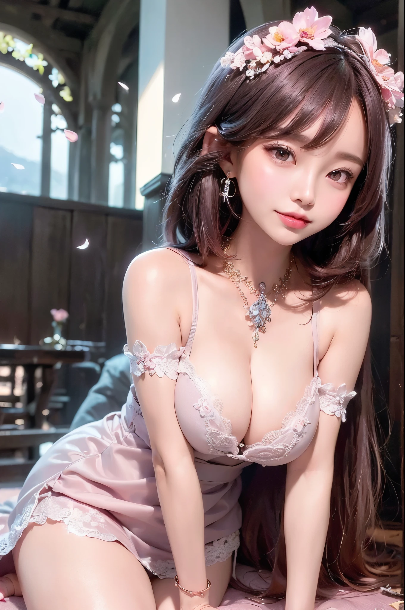 ???? , whole face， (spaghetti straps, super low cut top)( very close view )ladies watch，[Face view] , ((?????????))，clothes see through (((outdoor paradise))), ((petals flying in the air ))，淡淡的Smile，，?????????,(crystal colorful lamp),，soft cloud，(cover with scarf), ((Super short cute pattern cotton coat|????????????|A little perspective ) ((greek architecture，Bohemian architecture，Hindu temples，Thai snacks，Thai style)) starry sky，fair，???????? exposed，earrings，Pink ???? gauze,（(Striped ?????????、Black openwork ?????????、Transparent embroidered tulle ????????? set,gold bracelet，pink lace gloves)）lace pantyhose、lace gloves、Wedding headscarf、pearl necklace,（ skirt）(Very small panties),mole under the eye, ((Gray pink hair))，Crystal glowing necklace
（（masterpiece））,（realistically：1.2）,best quality,high quality,absurd,colorful,amazing art,best quality, Super detailed,beautiful details， reflective hair,good lighting, Ray tracing， depth of field,Super detailed,Enlightenment,amazing,fine details,The content is very detailed， （（Super detailed））， （fair Meticulous Girl）， fair detail glow， intricate details， high resolution， extremely delicate and beautiful,美丽delicate eyes， high dynamic range， round eyes, detailed facial features,（round pupils：1.4） （Enlightenment）,（美丽delicate eyes）（Very very detailed face））， ((depth of field))((hard)),（seductive face）(（Smile：1.3）)， Smile的嘴唇， （looking at the audience：1.1） Close-up cleavage， Wide-angle lens， sideways， photo， ??????? pose light， Sistine Phil Beldev, Smile，（（（masterpiece，best quality，high resolution）））），Very detailed 8k，fair girl with busty body，（ultra high definition，Super detailed，high detail，high realism，surreal，photo写实主义）,（1 girl：1.5）,（realistic black hair），short curly hair，bob haircut，（dynamic poses）,淺淺的Smile,open lips，delicate eyes，???????????，(?????? enlargement)
（fair and detailed face，fair and delicate eyes），Sunlight）,（fair ???????? 0.5），Color backlight