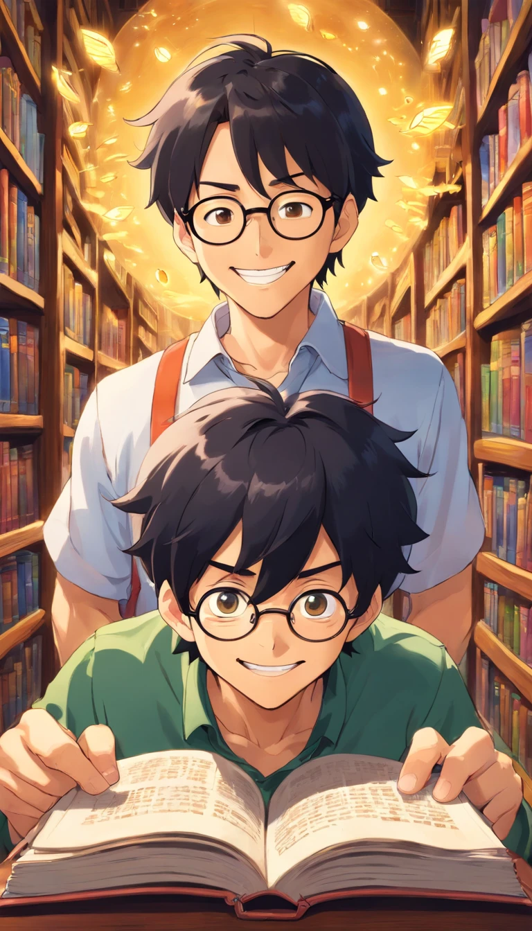 adult male, 38 years old, Fun eyes, laughter, shine,,detailed face, black hair、book library, Glasses,