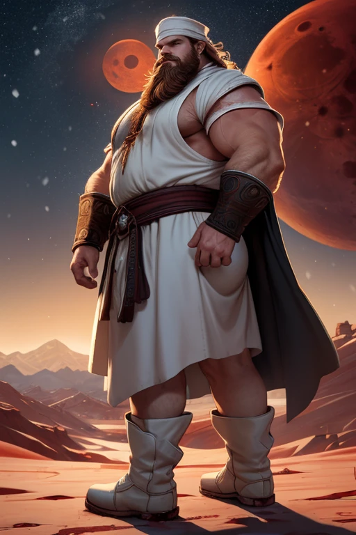David Harbour, very detailed image, master piece, epic composition, perfect fingers, perfect hands, handsome, snow, right anatomy, chubby, 4k, perfect feets, perfect legs, (very short messy hair), ancient red desert, ancient desert clothes tunic beduin, ((big full beard)), (full white clothes), (black tunic), ( white mage), (white boots), (((night with blood moon))), ((big and large ass))
