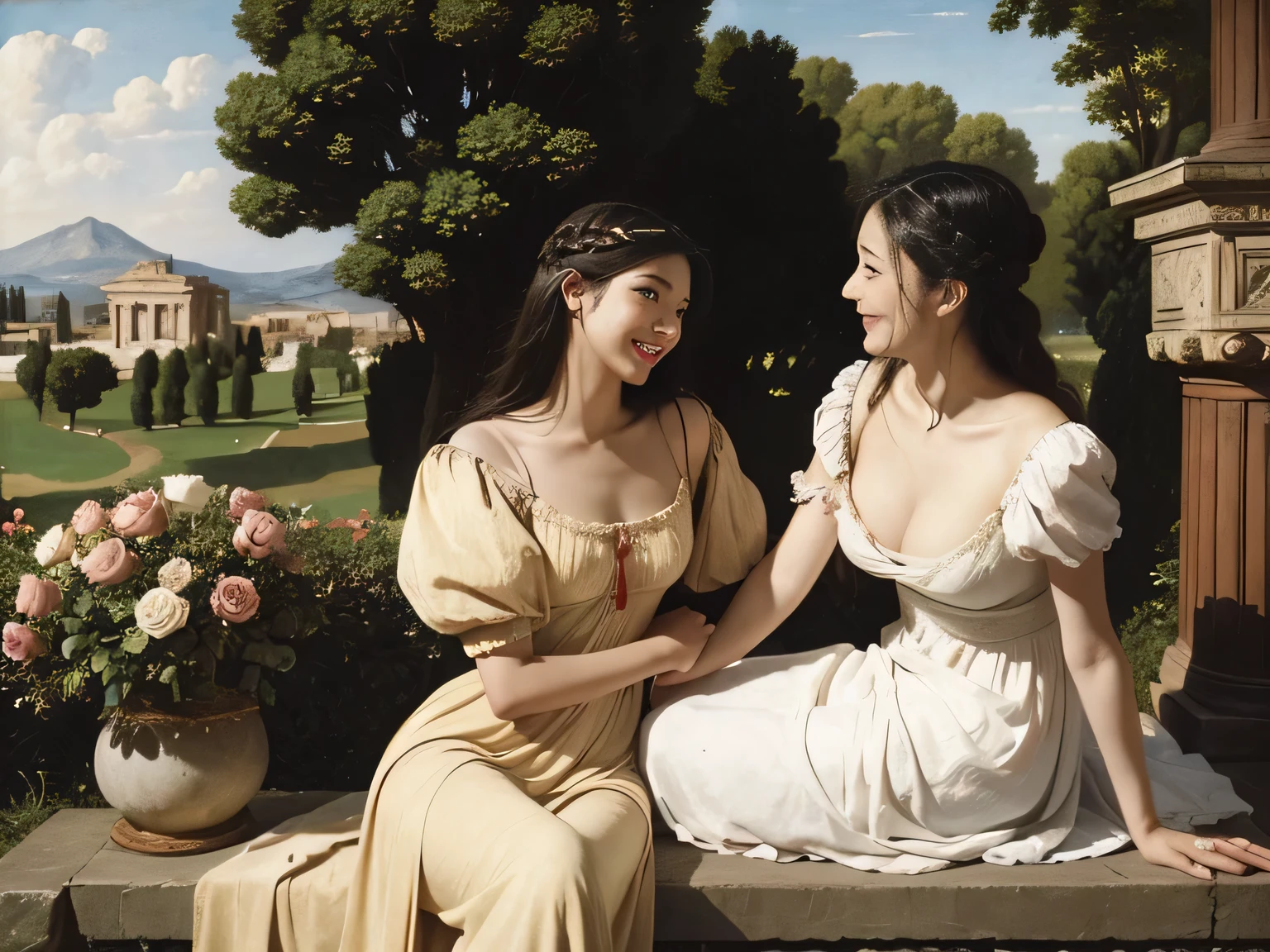 full body portrait or statue、Giorgione painting style,Arguments of two female Philosophe,math、astronomical machine、astronaut、roses in vase、fruits、Cute trinkets、smile、ancient greek costume、Ancient Roman landscape in the style of Nicolas Poussin,laughter,,Sweet and seductive appearance.、Caravaggio's paintings、Chiaroscuro of Caravaggio、hair tousled by the wind,Two women frolicking,cute smile, expression of ecstasy,Sexy,erotic