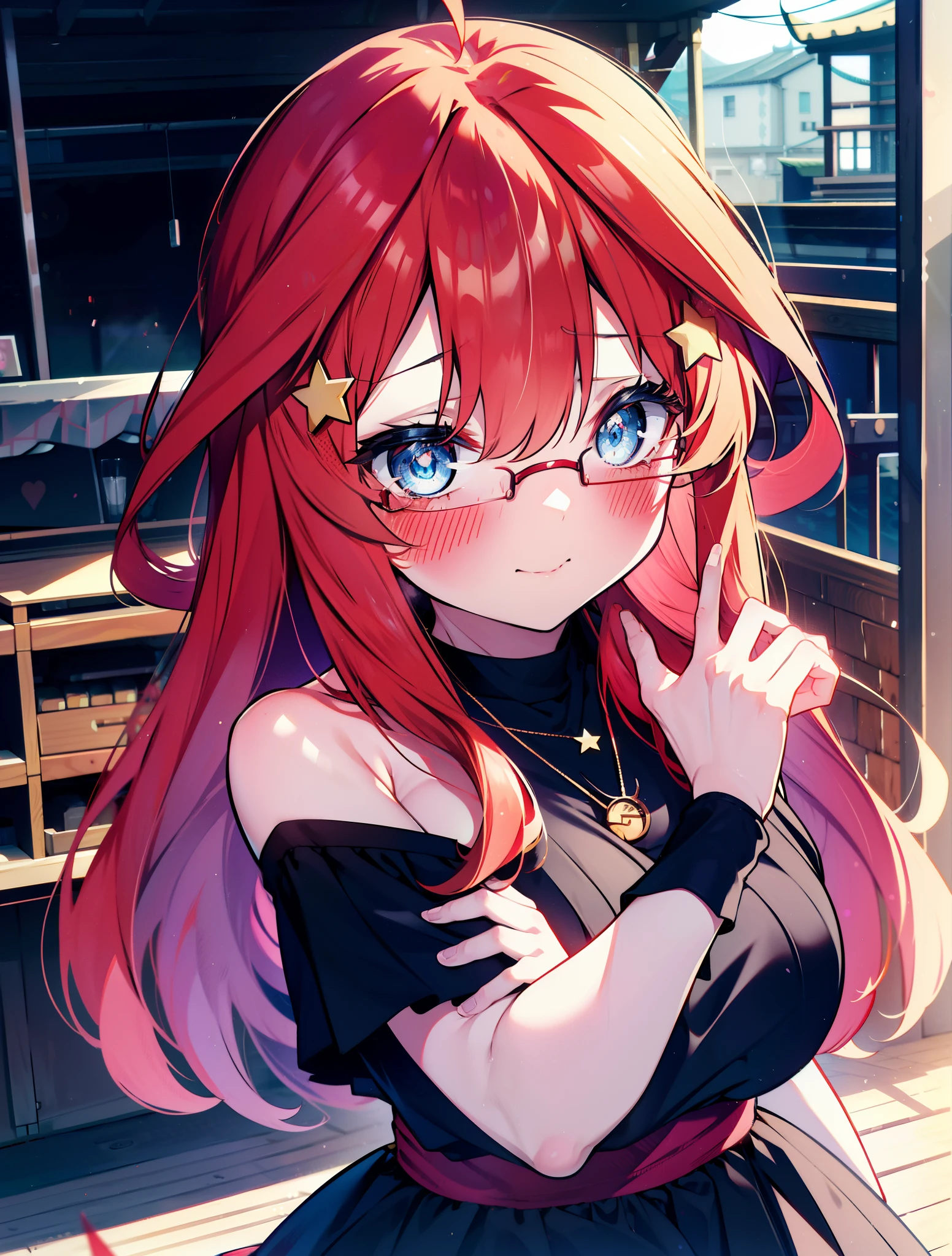 itsukinakano, itsuki nakano, bangs, blue eyes, hair between eyes, Ahoge, redhead, star \(symbol\happy smile, smile, open your mouth,embarrassing,blush, hair ornaments, star hair ornaments,Akagi glasses,red off shoulder sweater,bare shoulders,bare clavicle,naked neck,Heart Pendant Necklace,Black long skirt,Mini Boots,put your left hand on your waist,slouch,whole bodyがイラストに入るように,There are many shops,noon,Light of the sun,clear,Looking up from below,
break outdoors, station,square,
break looking at viewer,whole body (cowboy shot:1.5),
break (masterpiece:1.2), highest quality, High resolution, unity 8k wallpaper, (shape:0.8), (fine and beautiful eyes:1.6), highly detailed face, perfect lighting, Very detailed CG, (perfect hands, perfect anatomy),