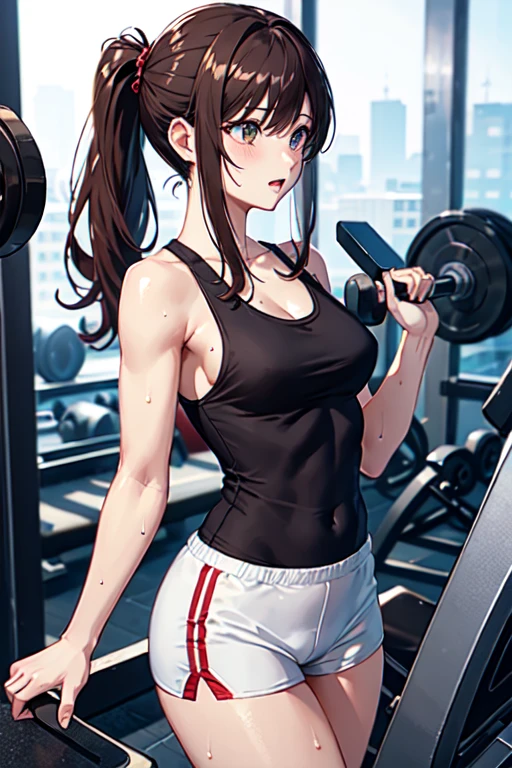 วอลล์เปเปอร์ CG Unity 8k ที่very detailed,best quality,Masterpiece,very detailed,1 girl,Japanese woman,(Medium bust:1.2),side chest,The body is toned and charming.,(tank top:1.3),(hot pants:1.3),ponytail,brown hair,(Sweating in the chest),side view,(Fitness:1.3),((Gym:1.2)),