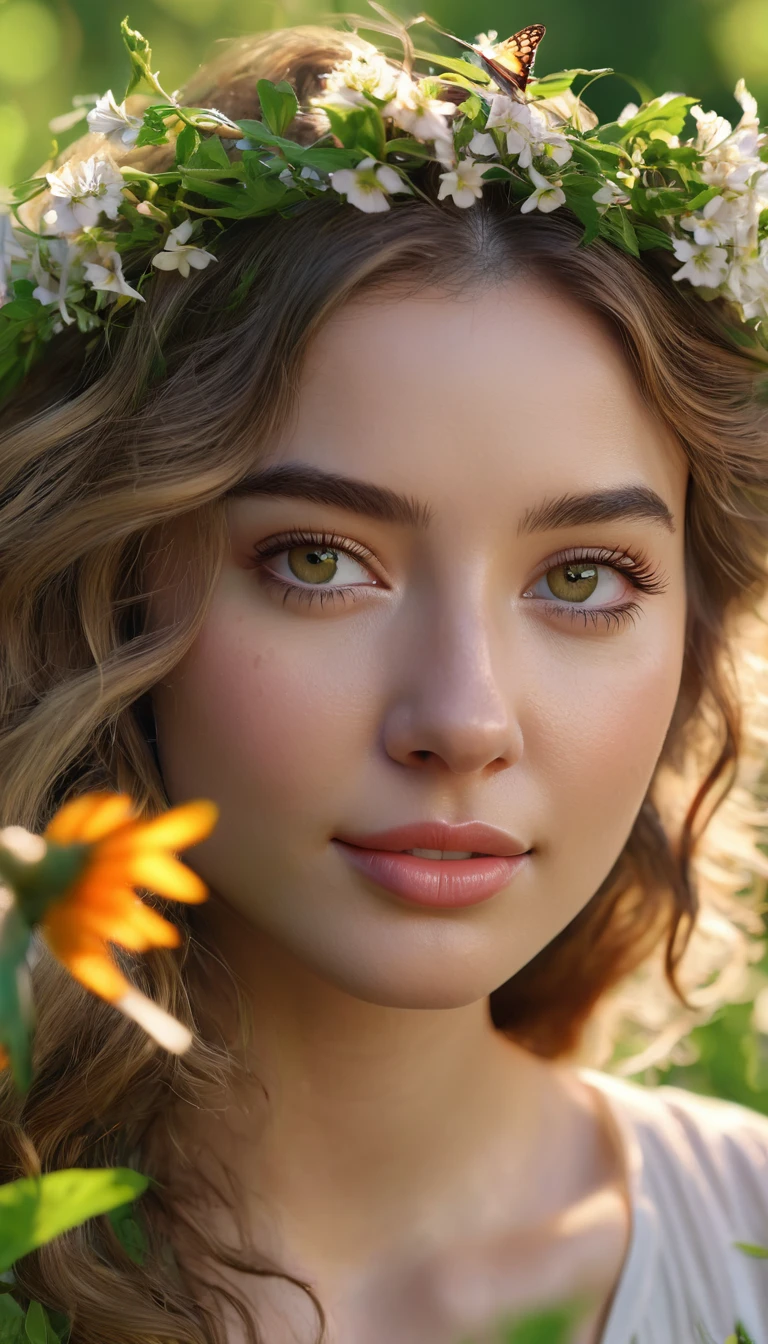 (best quality,4k,8k,highres,masterpiece:1.2),ultra-detailed,(realistic,photorealistic,photo-realistic:1.37),portrait,natural lighting,warm tones,girl,garden,beautiful detailed eyes,beautiful detailed lips,extremely detailed face,long eyelashes, youth,beautiful smile,golden hour,sunlight filtering through the trees,flowing hair,curly hair,wearing a flower wreath,peaceful expression,interacting with nature,surrounded by blooming flowers,fresh air,serene atmosphere,soft breeze,grassy meadow,colorful butterflies fluttering around her,hummingbirds hovering nearby,gentle touch of sunlight on her skin,lush greenery,birds chirping in the background,harmonious and tranquil ambiance